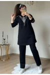 Fermuar Detaylı Leopar Takım Siyah