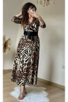 Halka Kemerli Kahve Leopar Penye Elbise