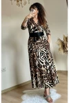 Halka Kemerli Kahve Leopar Penye Elbise