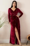Kadife İ̇ncili Uzun Abiye Elbise Bordo