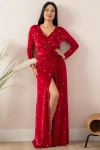 Kadife İ̇ncili Uzun Abiye Elbise Kırmızı