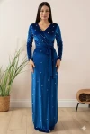 Kadife İ̇ncili Uzun Abiye Elbise Mavi