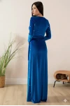 Kadife İ̇ncili Uzun Abiye Elbise Mavi