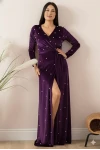 Kadife İ̇ncili Uzun Abiye Elbise Mor