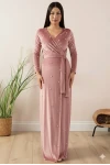 Kadife İ̇ncili Uzun Abiye Elbise Pudra
