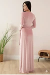 Kadife İ̇ncili Uzun Abiye Elbise Pudra