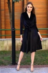 Kadife Midi Boy Pileli Elbise -SİYAH