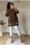 Kahve Çiçekli Nakışlı Hırka