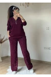 Kapusonlu Taşlı Takım Bordo Büyük Beden