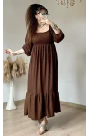Kare Taka Eteği Fırfırlı Elbise Kahve