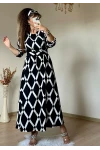 Kemerli Siyah Kare Desen Elbise