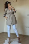 Kısa Kare Desen Trençkot Bej