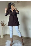 Kısa Kare Desen Trençkot Kahve
