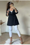 Kısa Kare Desen Trençkot Siyah