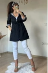 Kısa Kare Desen Trençkot Siyah
