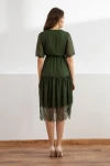 Kısa Kol Etek Ucu Güpürlü Elbise -HAKİ