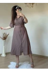 Kısa Kol Midi Boy Gömlek Elbise Kahve