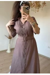 Kısa Kol Midi Boy Gömlek Elbise Kahve