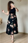 Kısa Kol Üst Siyah Alt Çiçekli Krep Elbise