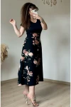 Kısa Kol Üst Siyah Alt Çiçekli Krep Elbise