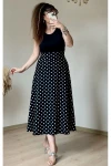 Kısa Kol Üst Siyah Alt Puanlı Krep Elbise