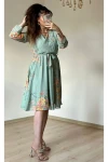 Kısa Sarı çiçekli Şifon Elbise -SU YEŞİLİ