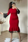 Kol ve Etek Ucu Dantelli Midi Boy Triko Elbise -KIRMIZI