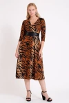 Kruvaze Yaka  Kahve Zebra Desenli Elbise