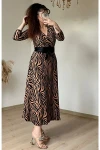 Kruvaze Yaka Uzun Kol Kahve Zebra Süet Elbise