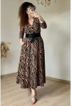Kruvaze Yaka Uzun Kol Kahve Zebra Süet Elbise