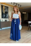 Mavi Nakışlı Pantolon Etek