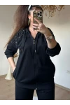 Omuz Ve Cebi İnci Ve Taşlı Takım Siyah