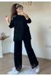 Omuz Ve Paça İncili Taşlı Takım Siyah
