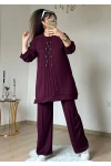 Ön Dikiş Detaylı Taşlı Takım Bordo Büyük Beden