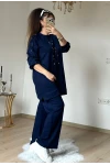 Ön Dikiş Detaylı Taşlı Takım Lacivert Büyük Beden