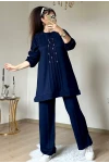 Ön Dikiş Detaylı Taşlı Takım Lacivert Büyük Beden