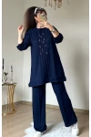 Ön Dikiş Detaylı Taşlı Takım Lacivert Büyük Beden