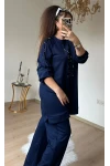 Ön Dikiş Detaylı Taşlı Takım Lacivert Büyük Beden