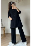 Ön Dikiş Detaylı Taşlı Takım Siyah Büyük Beden