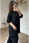 Ön Dikiş Detaylı Taşlı Takım Siyah Büyük Beden