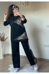 Piramıt Taşlı Leopar Takım Siyah