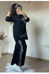 Piramıt Taşlı Leopar Takım Siyah