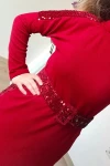 Pul Detaylı Triko Elbise KIRMIZI