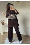 Pul Şeritli Leopar Takım Kahve