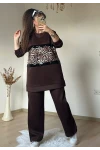 Pul Şeritli Leopar Takım Kahve