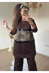 Pul Şeritli Leopar Takım Kahve