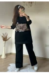 Pul Şeritli Leopar Takım Siyah