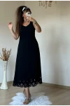 Sıfır Kol Etek Ucu Desenli Elbise Siyah