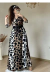 Tam Boy Koyu Leopar Elbise