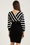 Üst Çizgili Alt Siyah Triko Elbise -BEYAZ